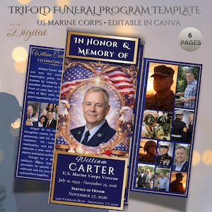 May include: A trifold funeral program template for a U.S. Marine Corps veteran. The design features a portrait of William Carter, an American flag, and eagle illustrations. The program includes the dates July 21, 1945 - November 25, 2026, and service details.