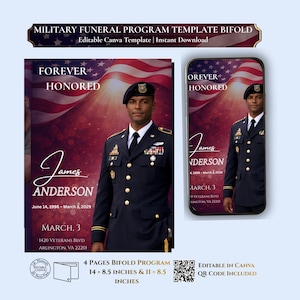 Modèle de programme de funérailles militaires à deux volets, service commémoratif de l'armée, version imprimable + mobile sur toile