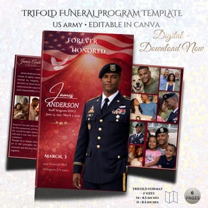 May include: A trifold funeral program template for the US Army, featuring a portrait of James Anderson, Staff Sergeant (SSG). The design includes an American flag, family photos, and the text "Forever Honored". Available in 14 x 8.5 inches and 11 x 8.5 inches.