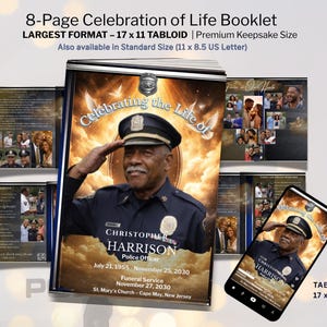 Celebration of Life Police Veteran - 8 Page Tabloid Obituary Mobile QR Bundle (Canva)