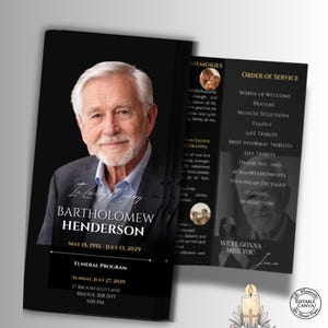 Trifold Funeral Program Template, Obituary Memorial Booklet, Black & Gold Canva Design
