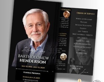 Sjabloon driebladige begrafenisprogramma, boekje overlijdensbericht, zwart-goud canvasontwerp