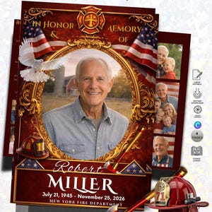 Order of Service Firefighter - 4 Page Thin Red Line Funeral Program Memorial (Canva)