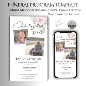 Funeral Program Template, Celebration of Life Order of Service, Editable Canva Bifold + Mobile Invitation