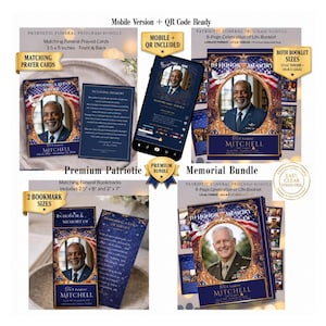May include: A patriotic funeral program bundle featuring prayer cards, bookmarks, and an 8-page booklet. The design includes a portrait, the American flag, and the text "In Honor & Memory Of". The bundle includes a mobile version with a QR code.