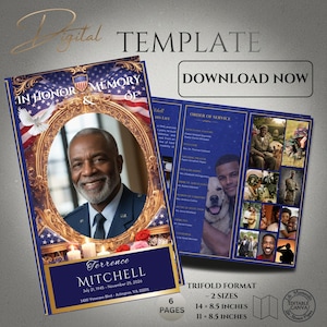 Può includere: Un modello digitale commemorativo con un ritratto di un uomo in uniforme militare, incorniciato da un ovale dorato. Il design include elementi patriottici, testo e le parole "IN HONOR MEMORY OF". Il modello è scaricabile.