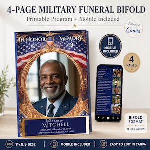 Funeral Program US Army Veteran - 4 Page Bifold Obituary Blue Patriotic Military Memorial (Canva)