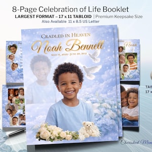 Baby Boy Funeral Program, 8-Page Blue Homegoing Celebration of Life, 17x11 Tabloid Obituary (Canva)