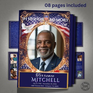 May include: A memorial card set with a portrait of a man in a military uniform, framed by an ornate gold border. The design features an American flag, a dove, and the text "IN HONOR & MEMORY OF". The name "Terrence MITCHELL" is displayed below.