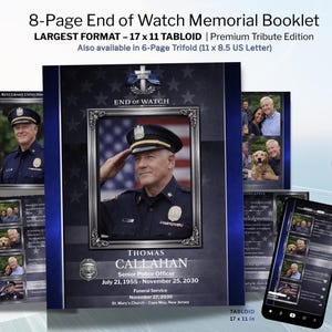 Funeral Program Police Veteran - 8 Page Tabloid Obituary Mobile QR Catholic Bundle (Canva)
