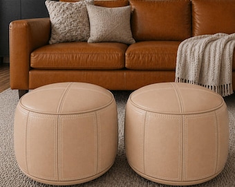 Juego de 2 pufs de cuero marroquíes, puf marroquí, puf bereber, puf otomano, puf otomano de cuero marroquí