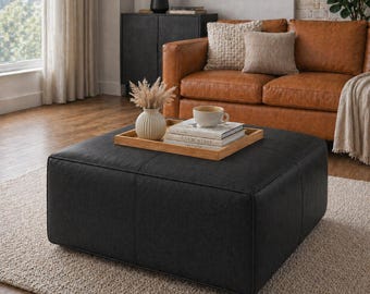 Puf otomano quadrado marroquino em couro preto, feito à mão, para mesa de centro ou assento de chão, ideia de presente para decoração de sala de estar boho.