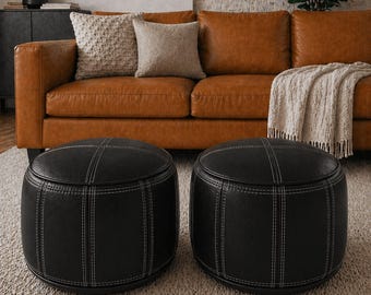 Set of 2 Black Moroccan Leather Poufs, Round Ottoman Footstool