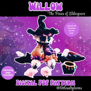 Könnte beinhalten: Eine digitale PDF-Anleitung für eine gehäkelte Puppe namens Willow, The Pixies of Eldergrove. Die Puppe trägt einen schwarzen spitzen Hut und hat mehrfarbige Gliedmaßen aus Garn sowie einen in den Körper gehäkelten Schwanz. Inklusive Kessel.