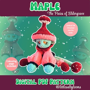 May include: A digital PDF pattern for a crocheted plush creature named Maple, The Pixies of Eldergrove. The plush features a red mushroom-style hat, a light blue face with orange eyes, pink arms, and a long tail with red bulbous ends.