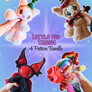 May include: Four crocheted plush toys featuring a pastel cat with a green tail, a tan clown-like figure with a checkered hat, a black and red winged creature, and a rainbow-colored doll with polka dot fabric. Text reads Little Odd Things 4 Pattern Bundle.