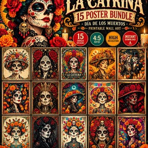 May include: A digital bundle of 15 La Catrina posters for Dia de los Muertos wall art. The collection features various illustrations of figures with skull makeup, floral crowns, and vibrant red and orange roses, presented in a 4:5 ratio format.
