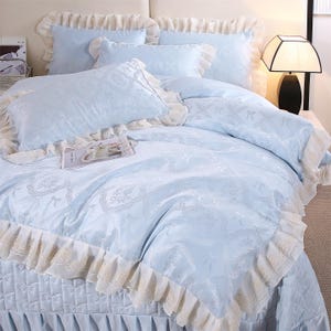 Französischer Spitzenbesatz Tencel Jacquard Bettwäsche SET - 4 Stück Blau