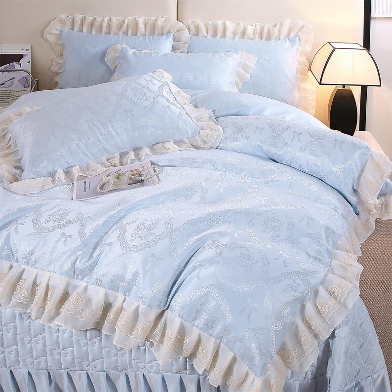 Französischer Spitzenbesatz Tencel Jacquard Bettwäsche SET - 4 Stück Blau