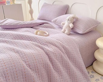 Lila Sommer Quilt Set, 4-teiliges Bettüberwurf Bettwäsche Set, Leichte Weiche Quilt, Atmungsaktive Bettwäsche