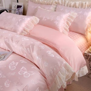 Französischer Spitzenbesatz Tencel Jacquard Bettwäsche SET - 4 Stück Rosa