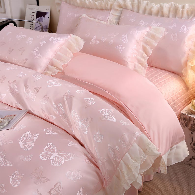 Französischer Spitzenbesatz Tencel Jacquard Bettwäsche SET - 4 Stück Rosa