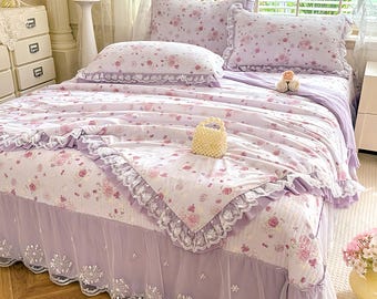 Französischer Stil Spitze & Print Luxus Sommer Bettwäsche Set - Elegantes Bett Rock Ensemble, Mehrfarbige Optionen