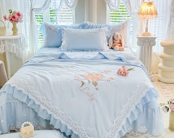Luksusowy komplet pościeli z francuskiej koronki i przyjaznej dla skóry pranej bawełny – komplet do sypialni w stylu księżniczki z falbaną na łóżko