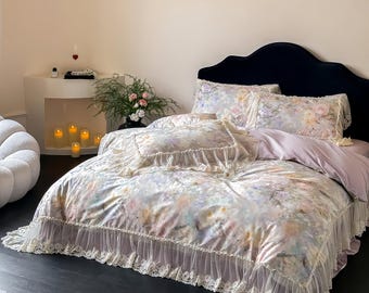 Vintage Pink Print Baumwolle Schlafzimmer Set mit Spitzenbesatz Bettrock und Bettbezug