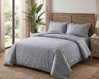 Rustic Gray Floral Bedding Set, Luxury Duvet Cover