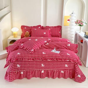 French Luxury Red Plaid Cotton Bedding Set – Yarn-Dyed 4-Piece Bed Sheet Set