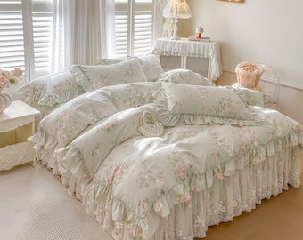 French Romance Retro Double-Layer Lace Puff Cotton Bed Skirt Set