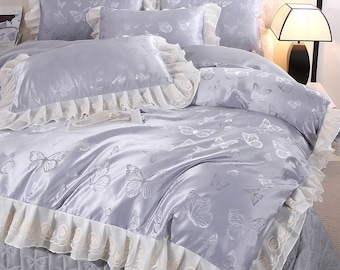 French Lace Trim Tencel Jacquard Bed Sheet Set – 4 Pieces