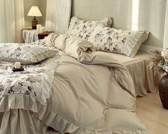 Luxury Cotton Lace Ruffle Bedding Set, French Print