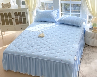 Nuevo juego de sábanas ajustables y faldón de cama acolchado de algodón suave