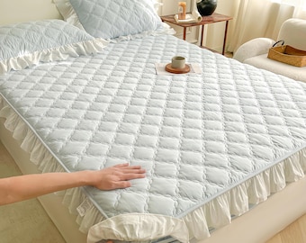 Juego de sábanas ajustables de algodón con volantes y estampado de rombos