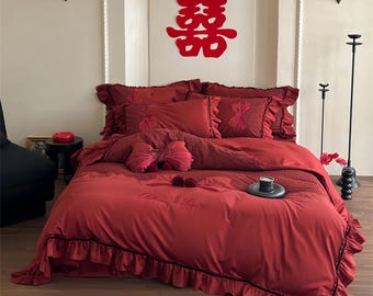 Rode Chinese bruiloft katoenen beddengoed, traditioneel decor bruidsslaapkamer, Queen King Full