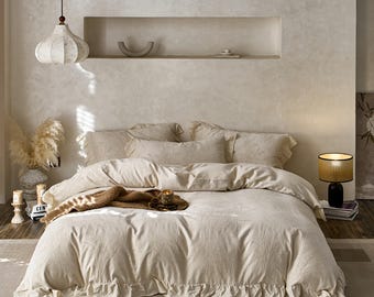 Set di biancheria da letto invernale in cotone e lino stile country francese - Copripiumino invernale in jacquard con pizzo, 4 pezzi