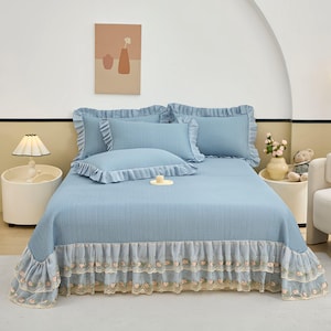 Green Polyester Lace Bed Skirt & Cooling Mat Set, Luxury Summer Bedding, Elegant Bedspread Set