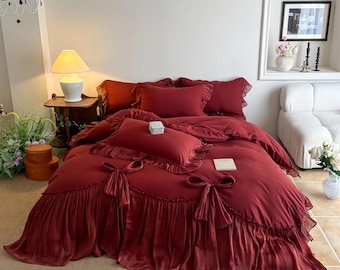 Burgundy French Cotton Bedding Set, Elegant 4-Piece Sheet Set