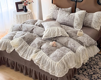 Französisches Retro Double-Layer Lace Baumwoll-Leinen Bettwäsche Set