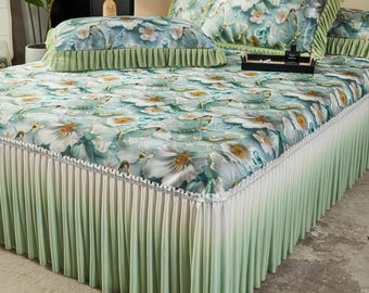 Green Print Ice Silk Bed Skirt & Cooling Mat Set – 3 Piece Queen Bedding, Summer Bedroom Decor, Mothers day gifts