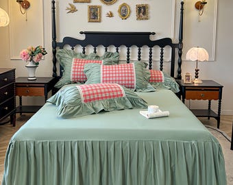 French Lace Brushed Cotton Bed Skirt Set, Luxury 4pcs