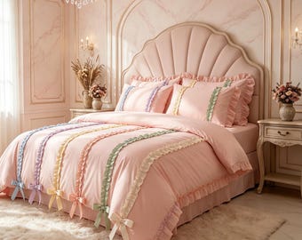 Juego de ropa de cama de algodón con lazo de princesa romántica - Lujoso juego de ropa de cama de 4 piezas de estilo francés con colores vibrantes