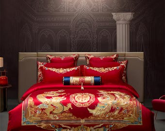 Juego de ropa de cama Red Dragon Phoenix, ropa de cama de algodón para bodas chinas, decoración tradicional para el dormitorio nupcial, tamaño Queen, King y Full.