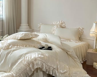 Juego de ropa de cama de algodón con encaje francés vintage, funda nórdica y faldón de cama beige, dormitorio romántico estilo cottagecore, tamaño queen, king y full.