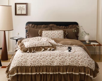 Brown French-Style Ruffles Luxury Bedding & Bed Skirt Set – Elegant Bedroom Ensemble