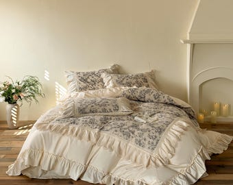 Vintage Print Baumwolle Leinen Schlafzimmer Set mit Bettrock und Bettbezug