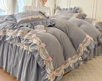 French Cotton Lace Grey Bed Skirt Set, 4-Piece Bedding Set, Elegant Bedspread Skirt, Soft Bedroom Decor