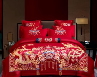 Elegant Red Cotton Bedding Set – Romantic Traditional Chinese wedding Bedroom Collection